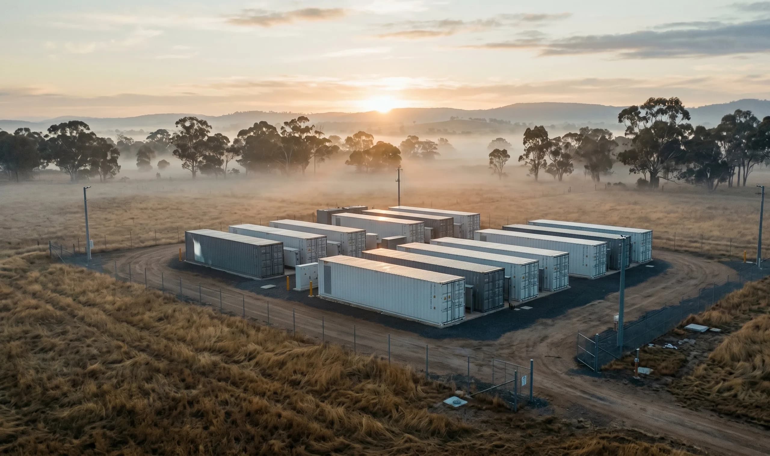 Co-located solar and battery storage site at dawn under low ground mist, central-west NSW.