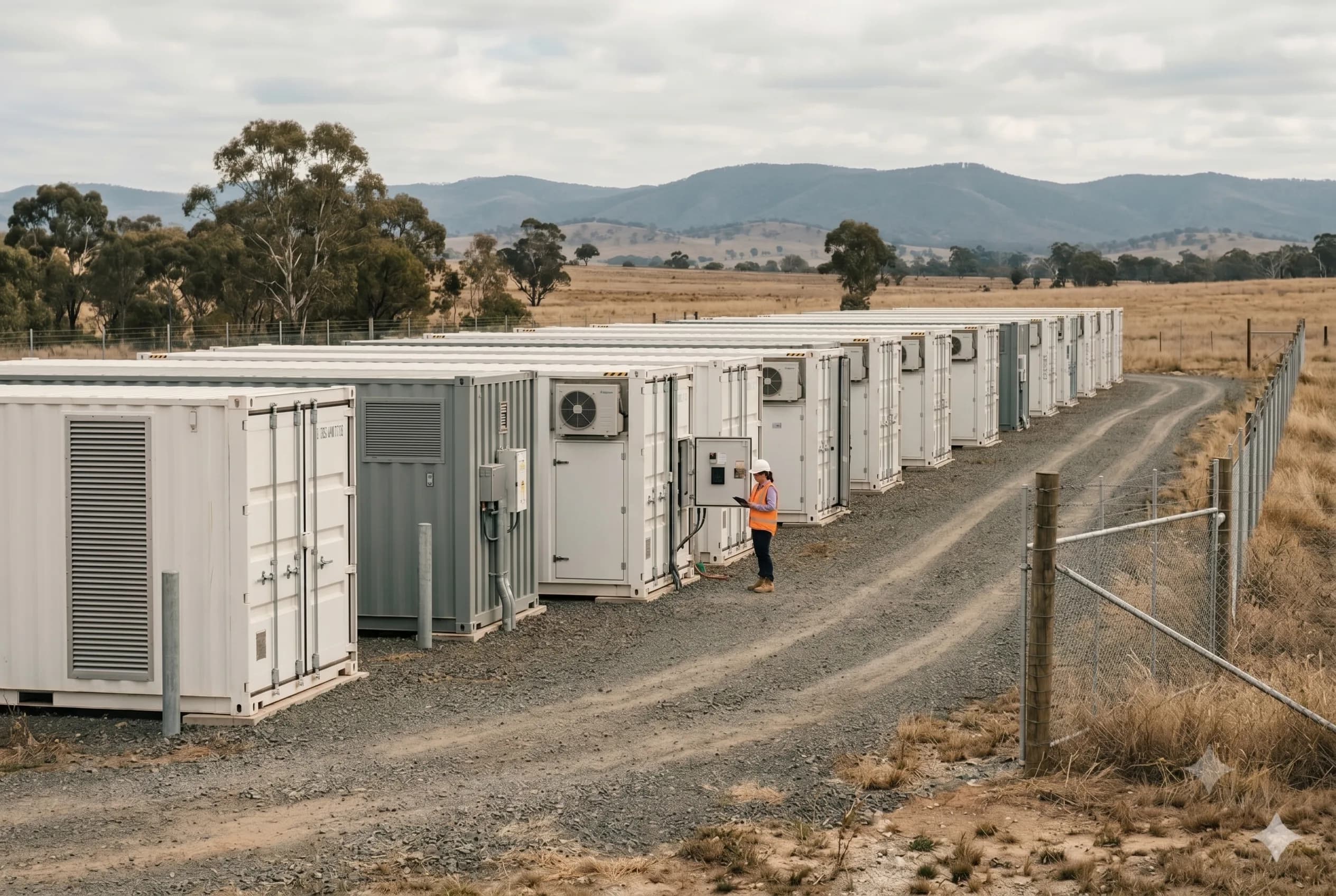 Grid-scale battery storage containers at a rural site, with a worker inspecting the units
