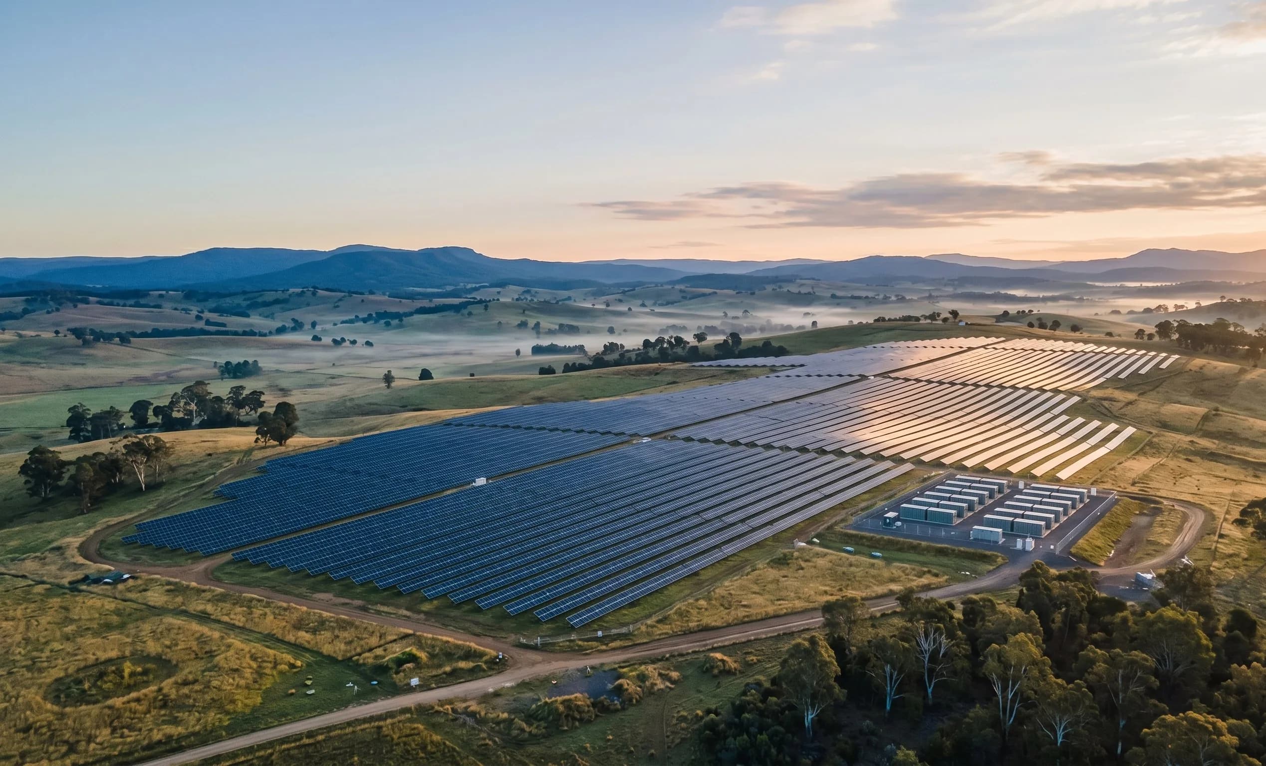 Aerial view of a utility-scale solar farm and battery storage compound at dawn in central-west NSW farmland.